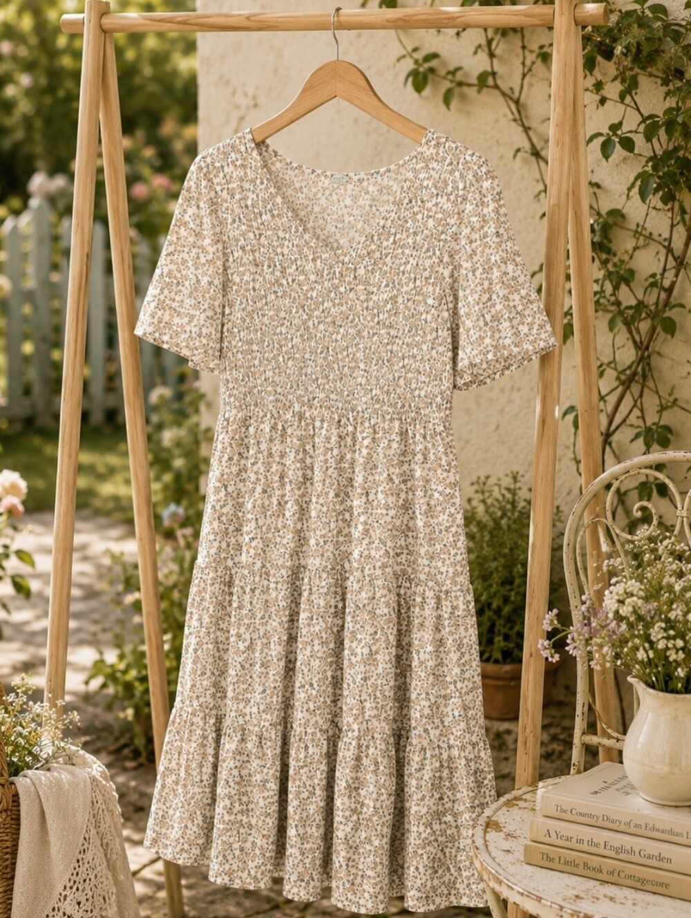 Floral Smocked Midi Dress XL Ivory Yellow Cottagecore Boho